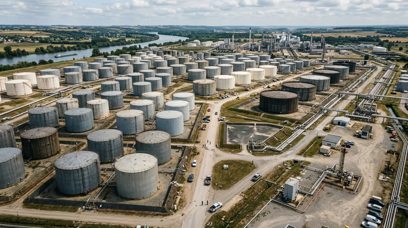Vaste parc de réservoirs de stockage de pétrole brut vu du ciel.