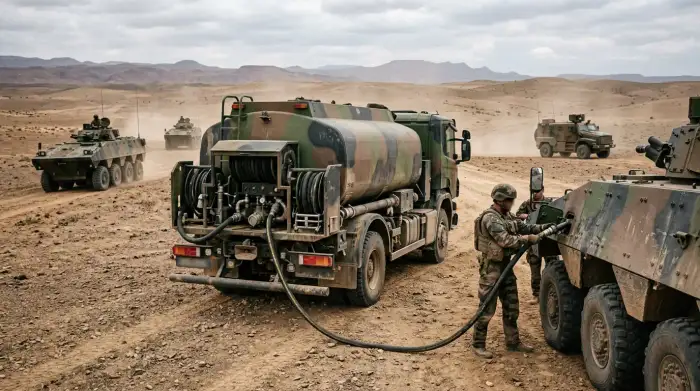 Camion-citerne militaire ravitaillant des véhicules blindés en carburant lors d'un déploiement opérationnel.