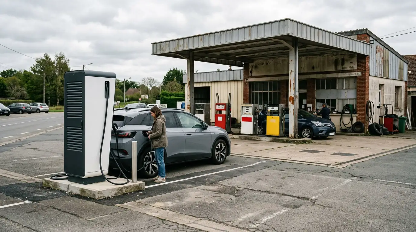 Borne de recharge pour véhicule électrique devant une station-service traditionnelle.